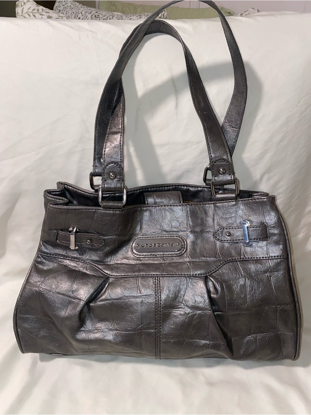 Liz Claiborne‎ Vintage Metallic Silver Faux Alligator Leather Shoulder Tote